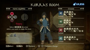 La chambre de Korra où vous équipez vos objets.